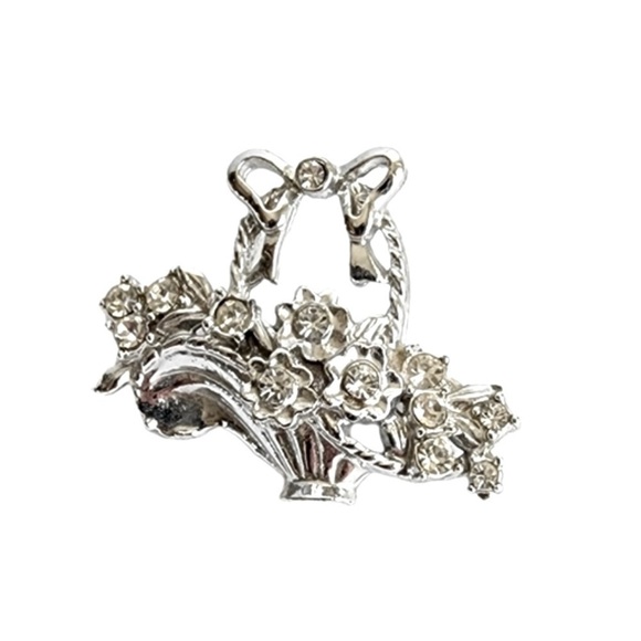 Vintage Jewelry - Vintage Rhinestone Flower Basket Brooch Silver Tone Easter Spring Pin 60s